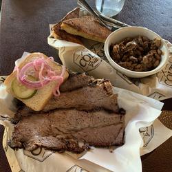 Smoked Brisket, Ranch Beans, Garlic Toast